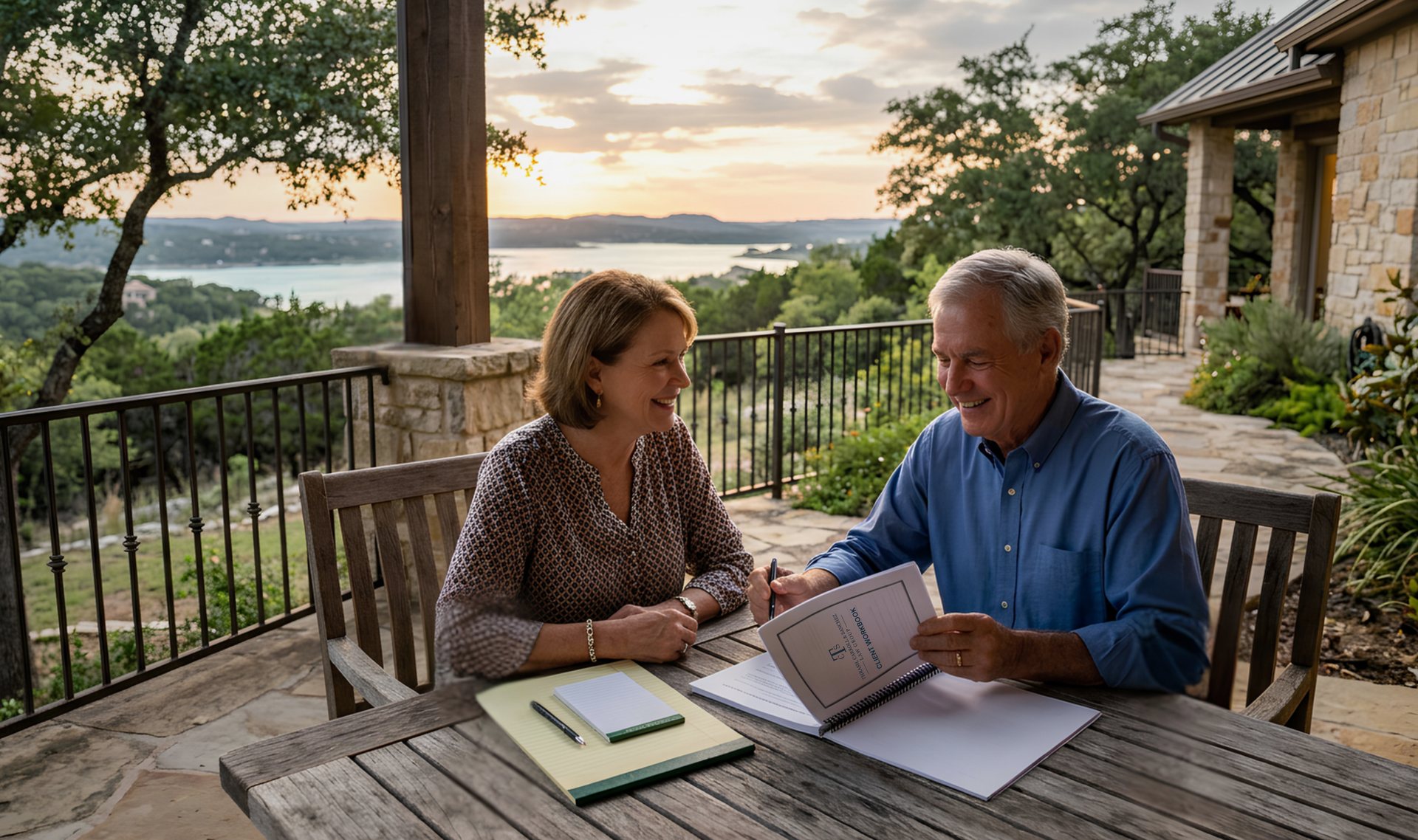 A couple reviewing their estate plan together on a Hill Country porch overlooking Lake Travis