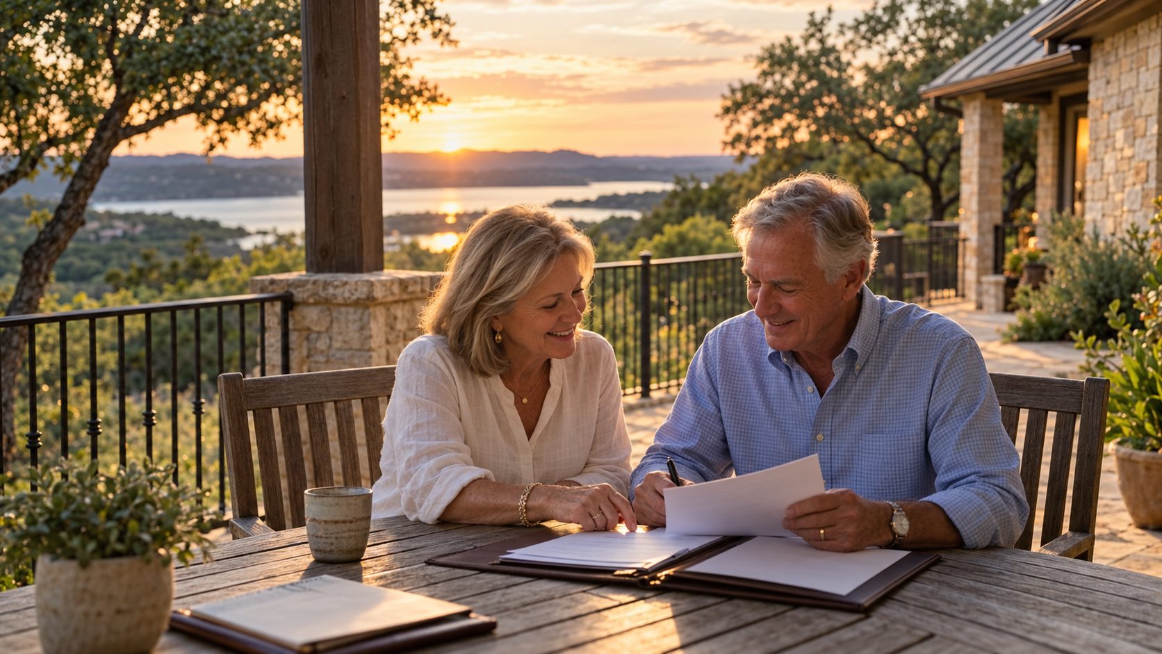A couple reviewing their estate plan together on a stone terrace overlooking Lake Travis at sunset